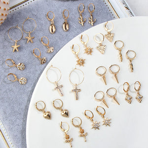 JUST FEEL New Tiny Hoop Earrings For Women Girl Gold Cartilage Hoop Earrings Jewelry Heart Cross Star Triangle Charm Earrings